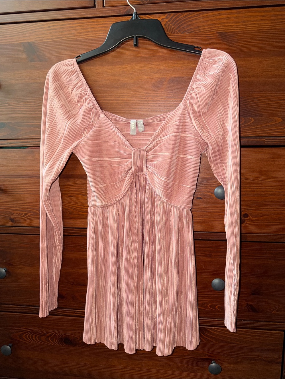 ASOS DESIGN Plissé Twist Front Long Sleeve Mini Dress Blush Pink US 2